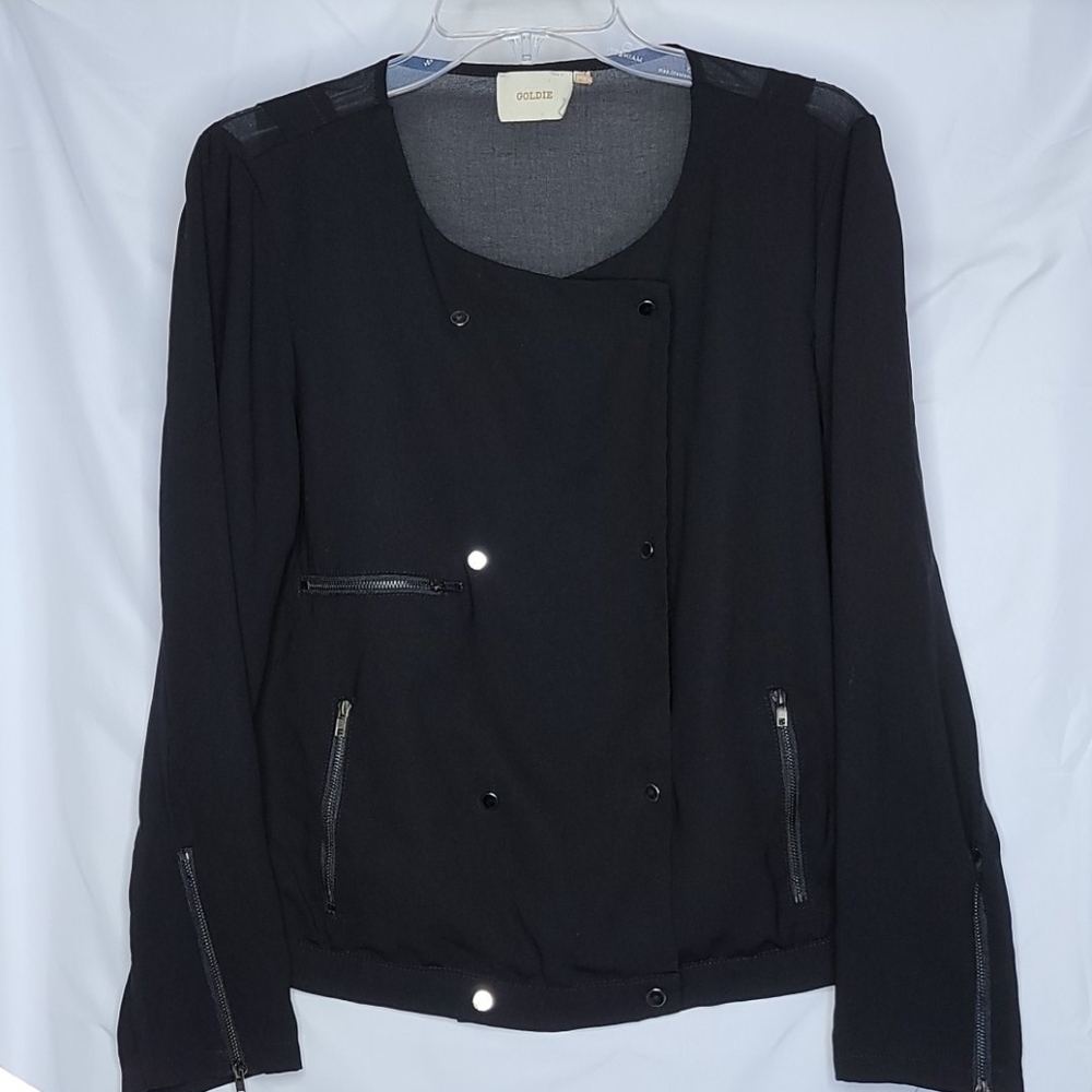 Goldie double button snap zippered pockets black blouse sz 10